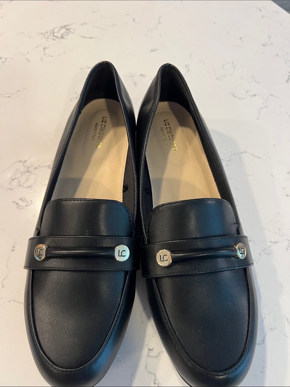 Liz Claiborne Black Leather Slip-On Penny Loafers with Gold Accents